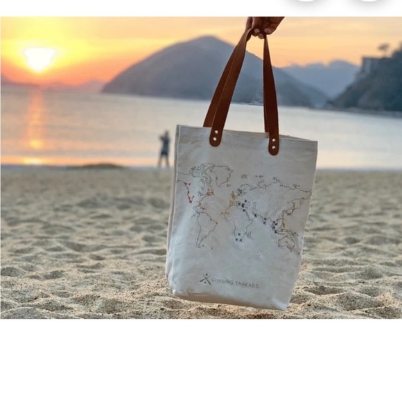 Chasing Threads Stitch Where You’ve Been Travel Map Tote Bag Canvas Leather - Picture 14 of 16